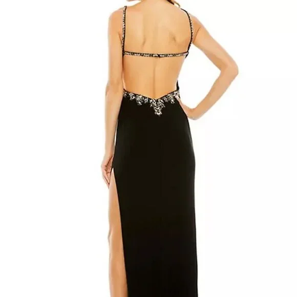 Mac Duggal Black Beaded Open Back Column Gown Side Slit Gown